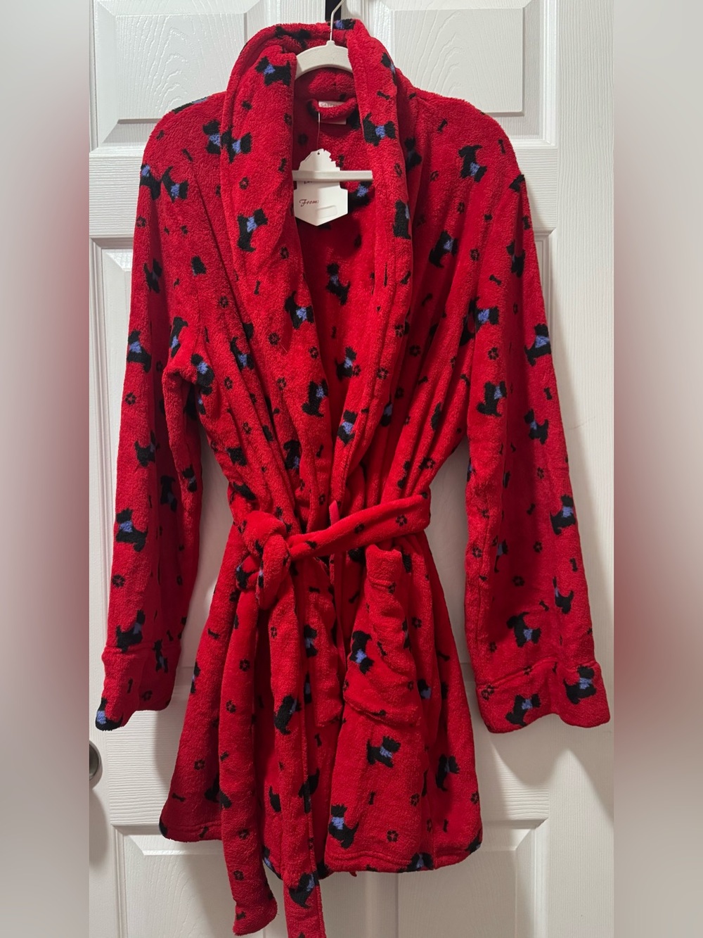 Cabernet Red Plush Robe with Black & Blue Dog Motif